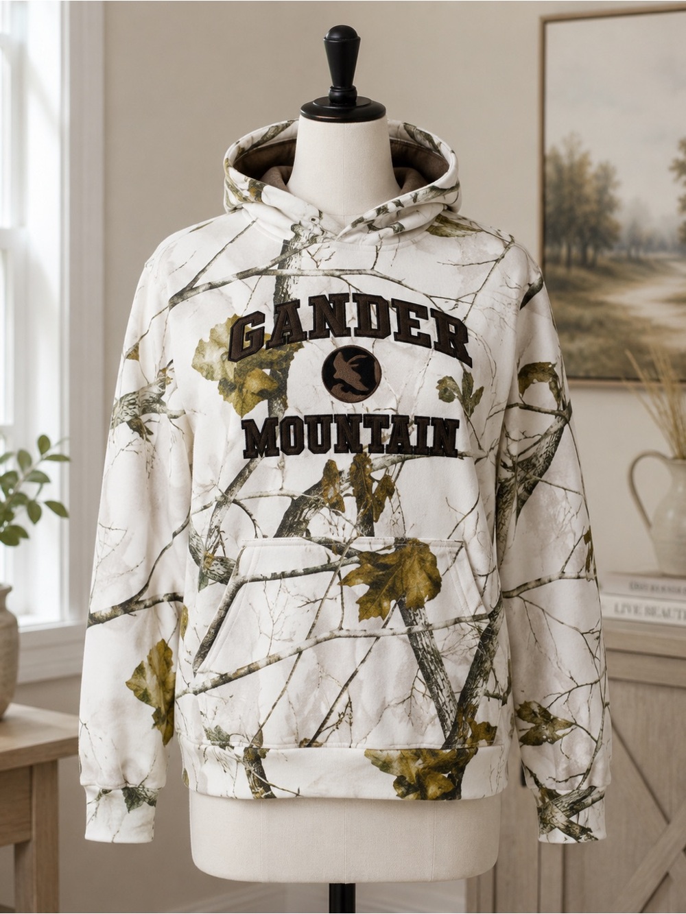 Vintage Gander Mountain Sz M White Camo Realtree Hoodie Snow Hunting Pullover